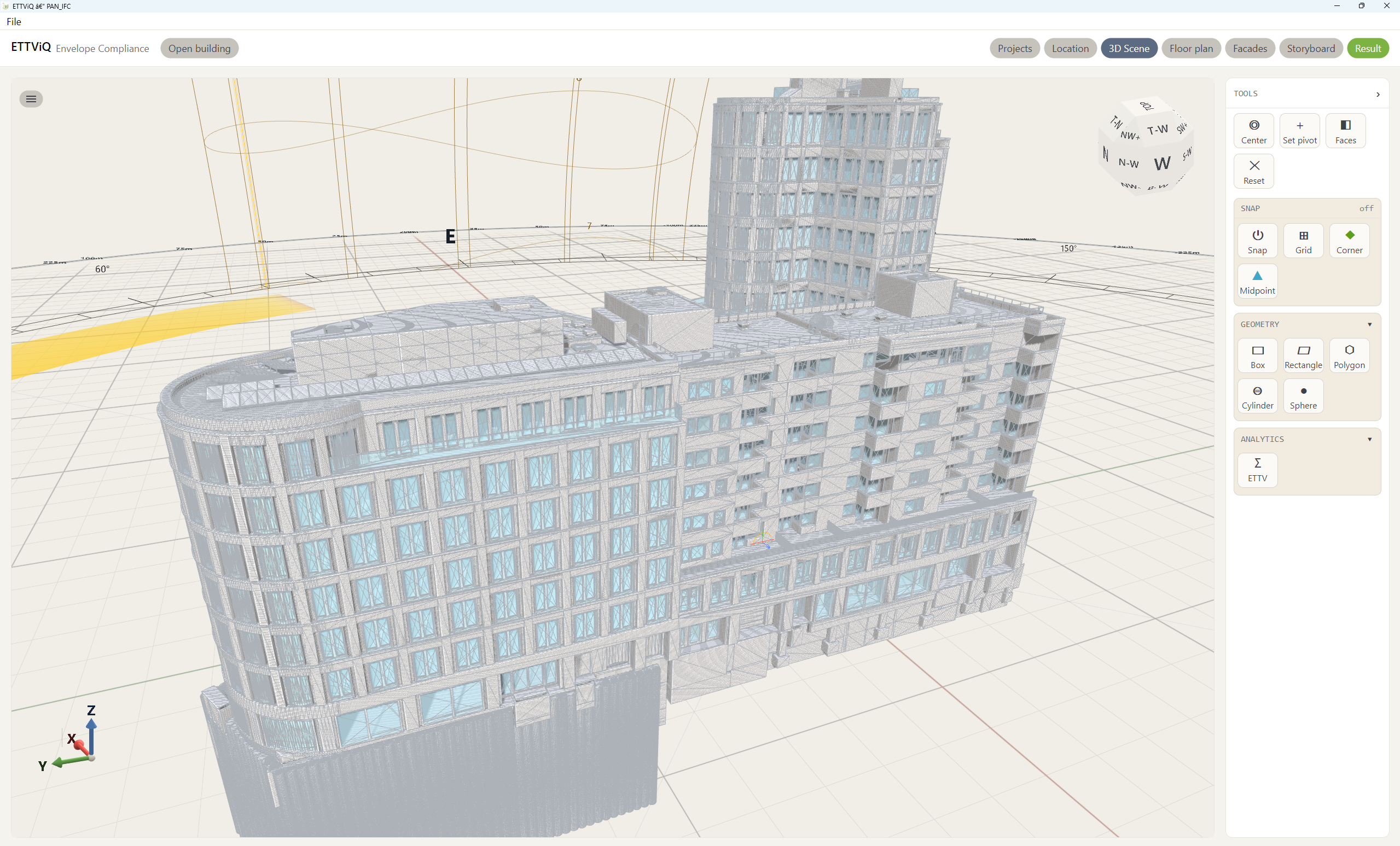 Detailed BIM model in the ETTViQ 3D scene with geometry and analytics tools