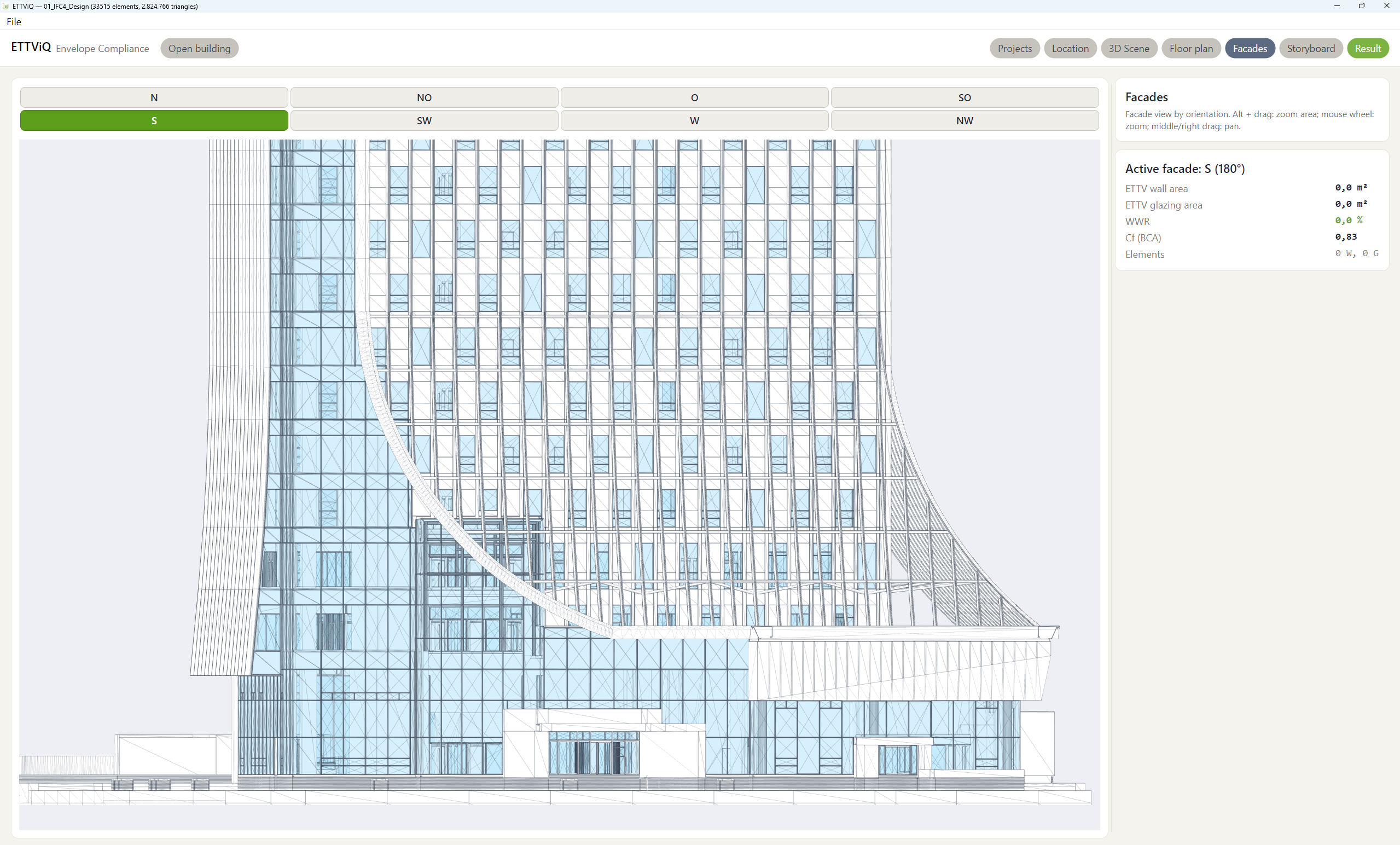 ETTViQ facade view organized by orientation with facade performance values