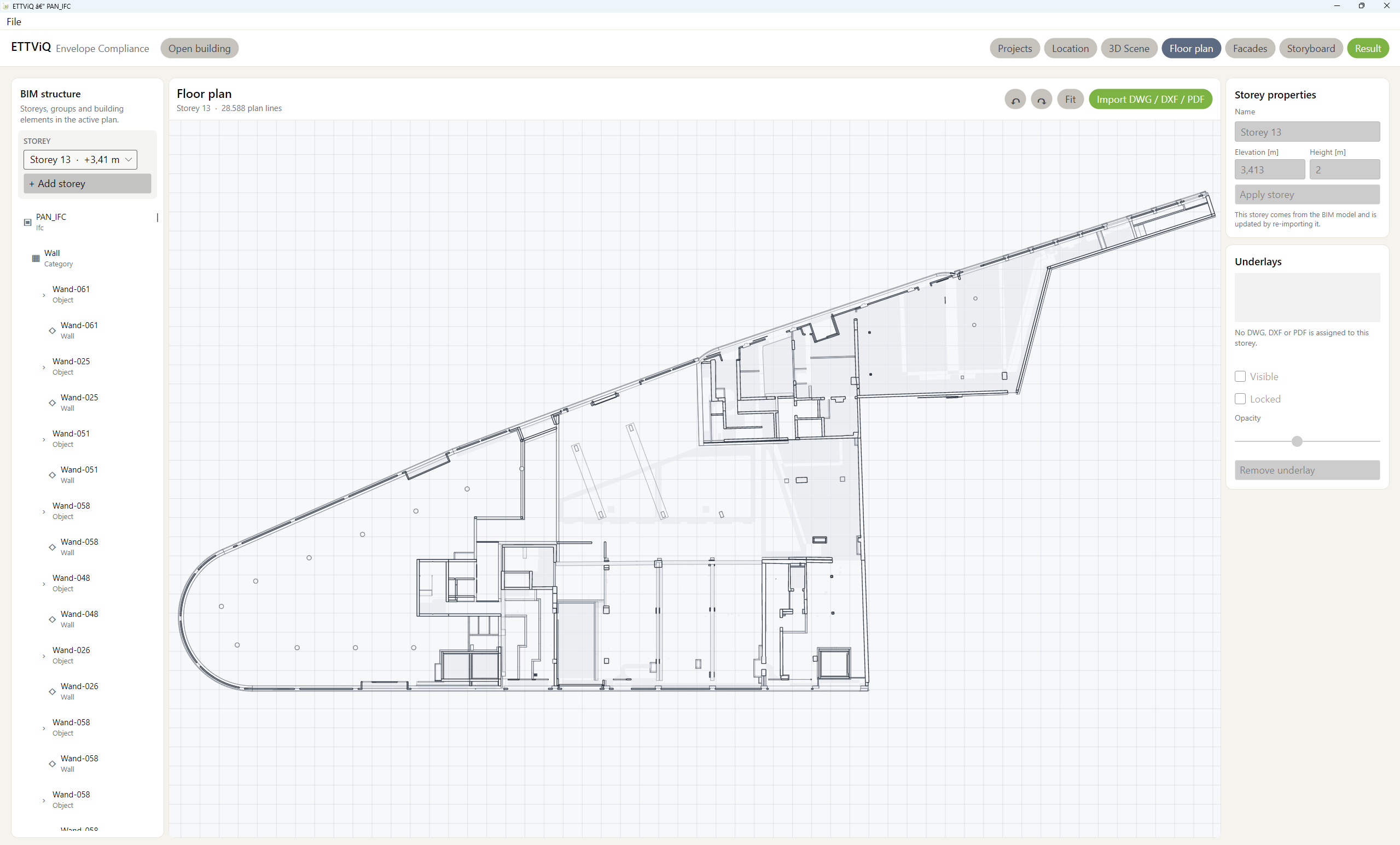 ETTViQ floor plan view with BIM structure and storey properties