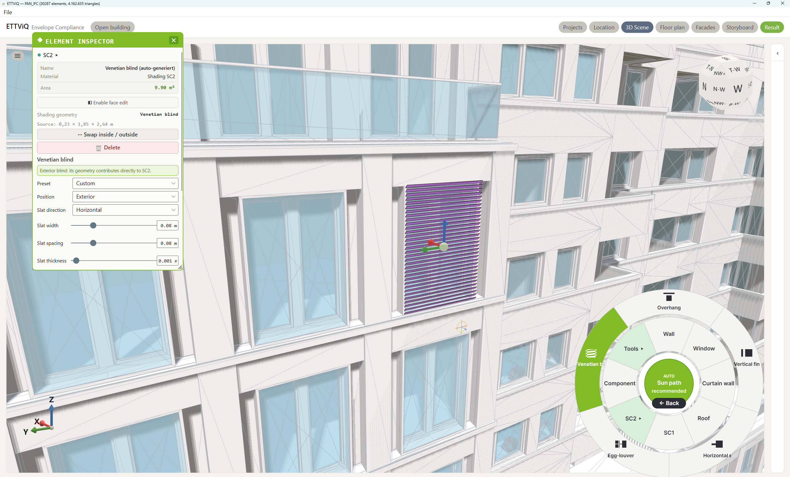 ETTViQ software interface showing a Venetian blind and solar-control geometry on a detailed facade model