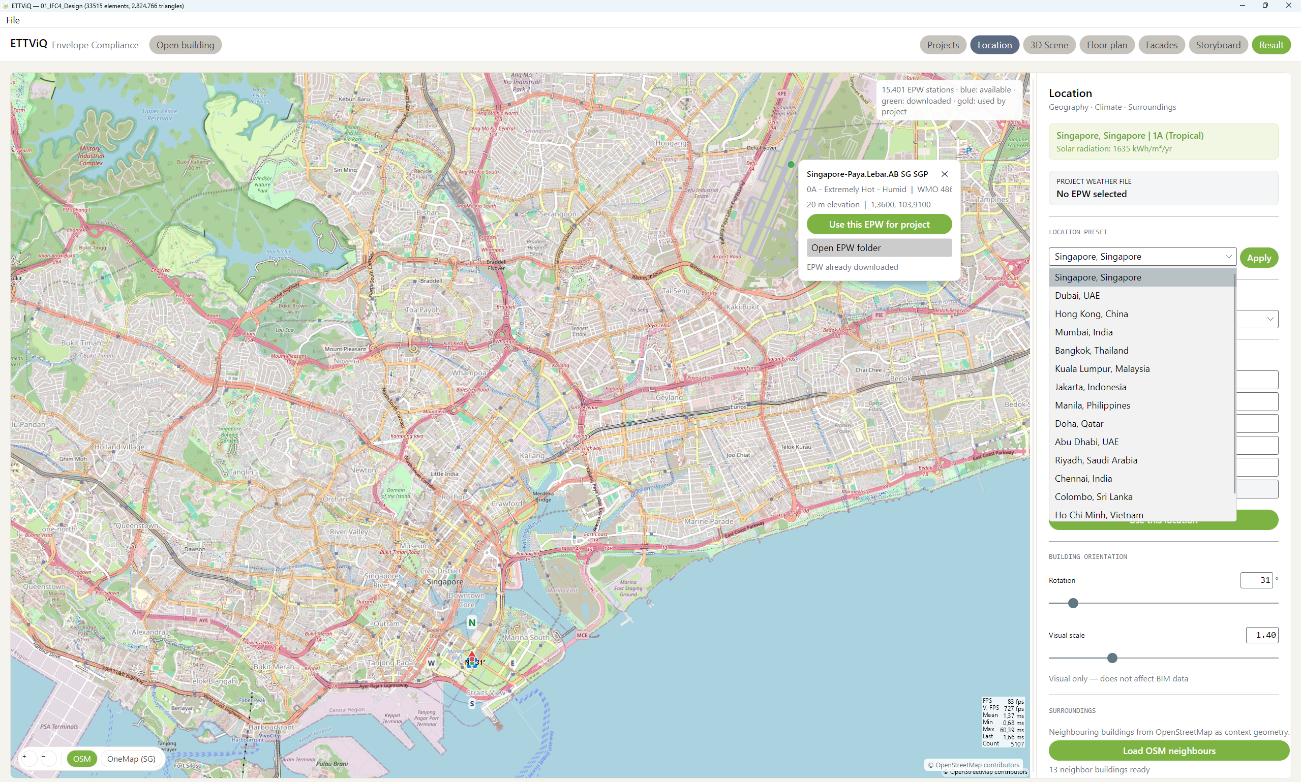 ETTViQ location view on OpenStreetMap with EPW station selection, Singapore ETTV preset, model orientation, and OSM neighbour loading