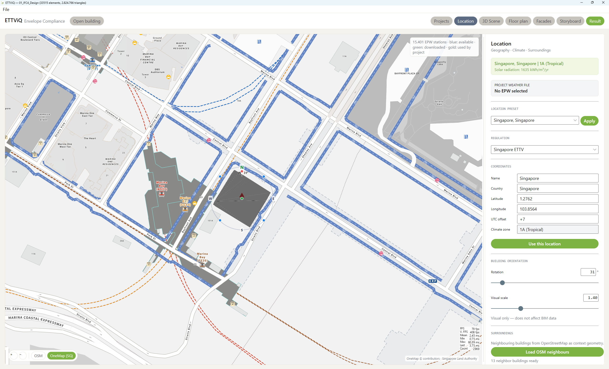ETTViQ top view showing a building model positioned and rotated on Singapore OneMap