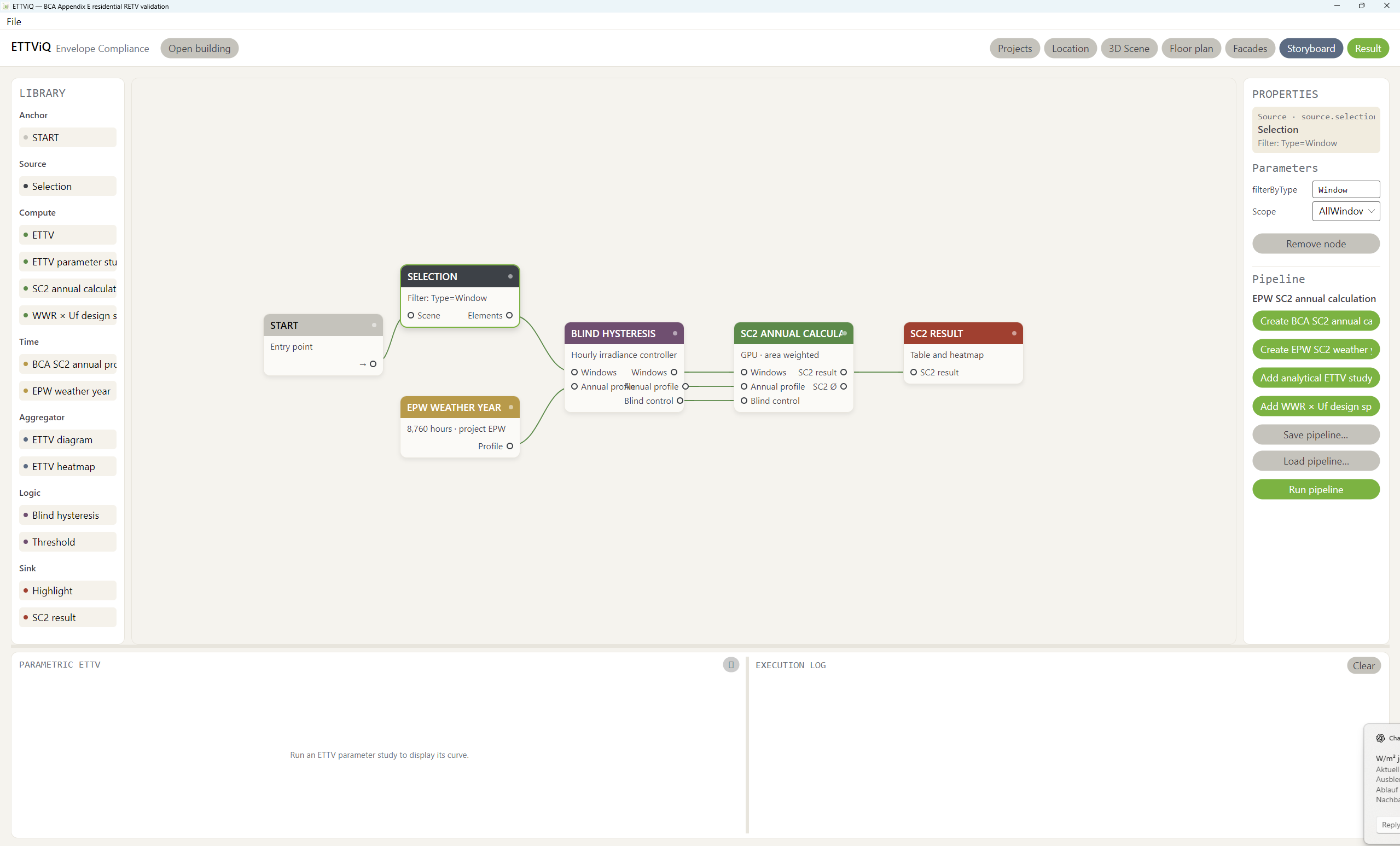 ETTViQ storyboard connecting window selection, EPW weather year, blind hysteresis, SC2 annual calculation, and result nodes